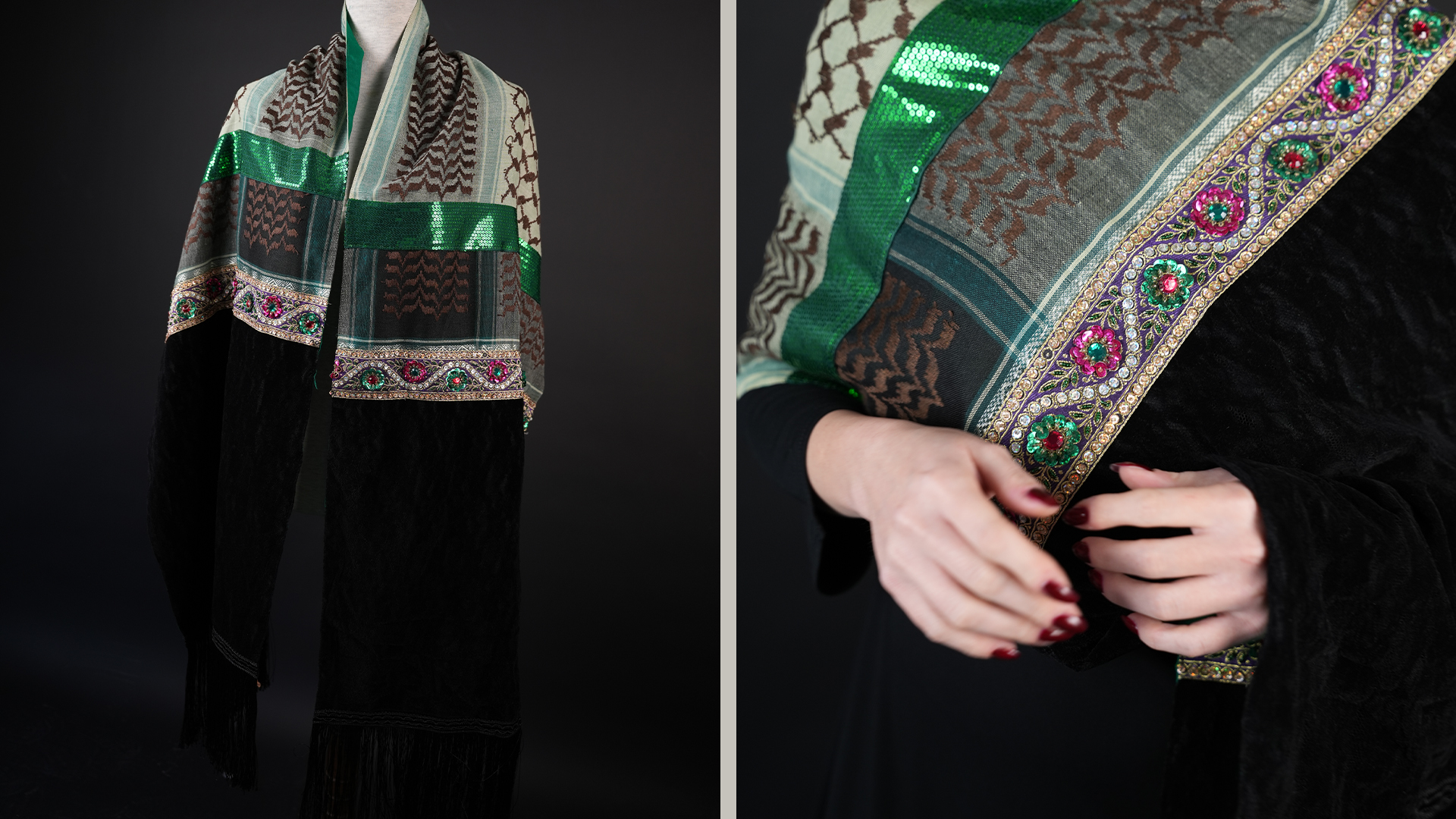Green and brown keffiyeh shawl with floral embroidery and sequin embellishment